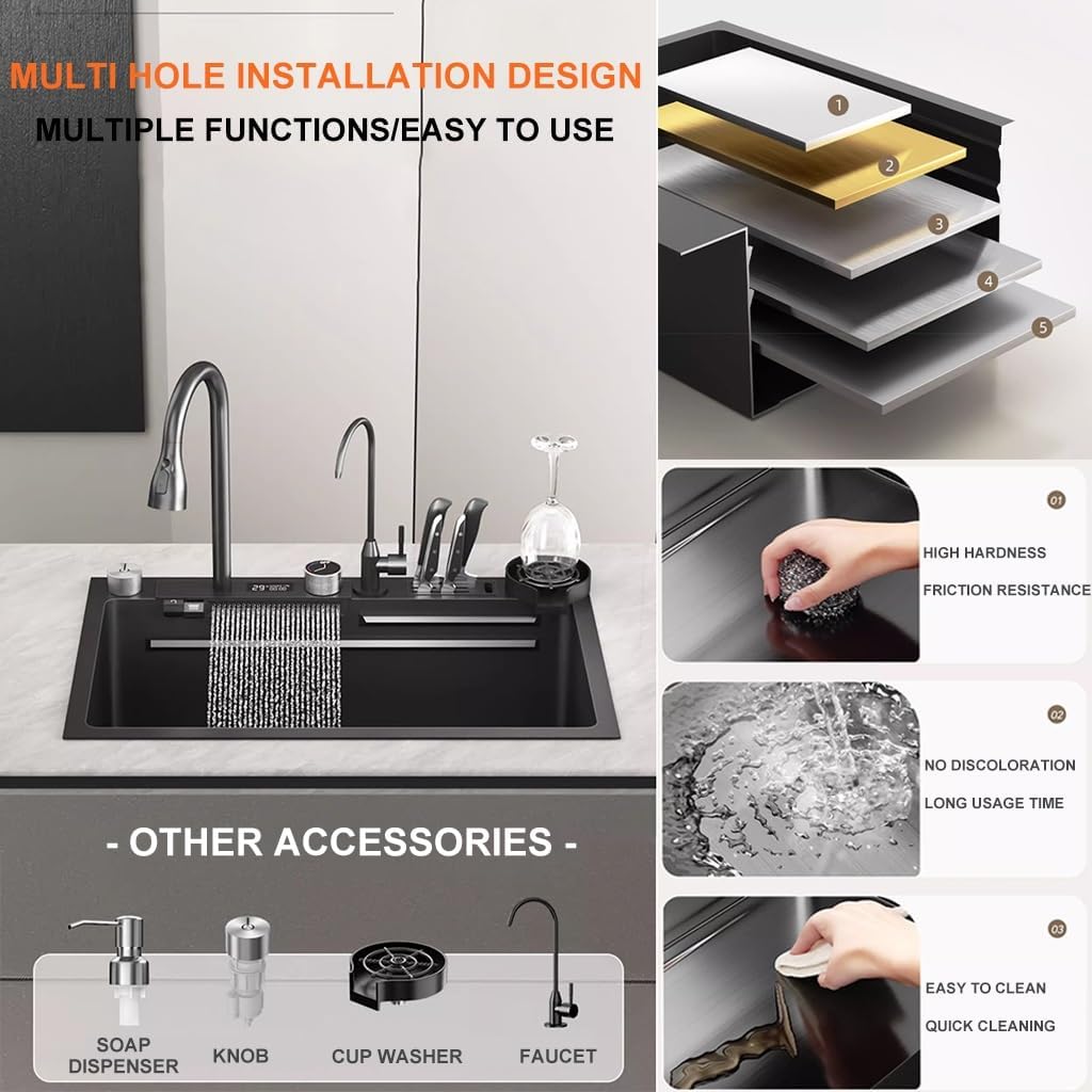 Generic Waterfall Workstation Sink Stainless Steel Single-Bowl Kitchen Sink with Multifunctional Digital Display Fly Rain Pull-Out Faucet & Full Set of Accessories (Color : Black, Size : 75x46x22cm)