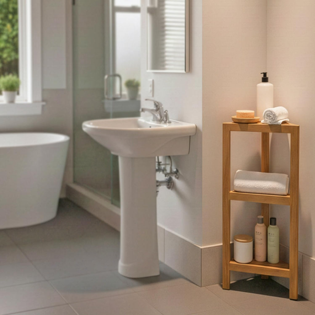 Asta Zini 3-Tier Free Standing Corner Shelf, Bathroom Corner Stand, Fully Assembled, TB-134