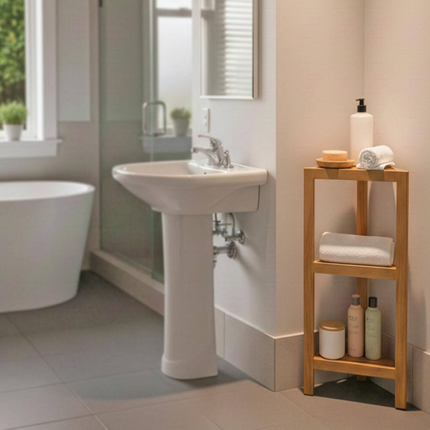 Asta Zini 3-Tier Free Standing Corner Shelf, Bathroom Corner Stand, Fully Assembled, TB-134