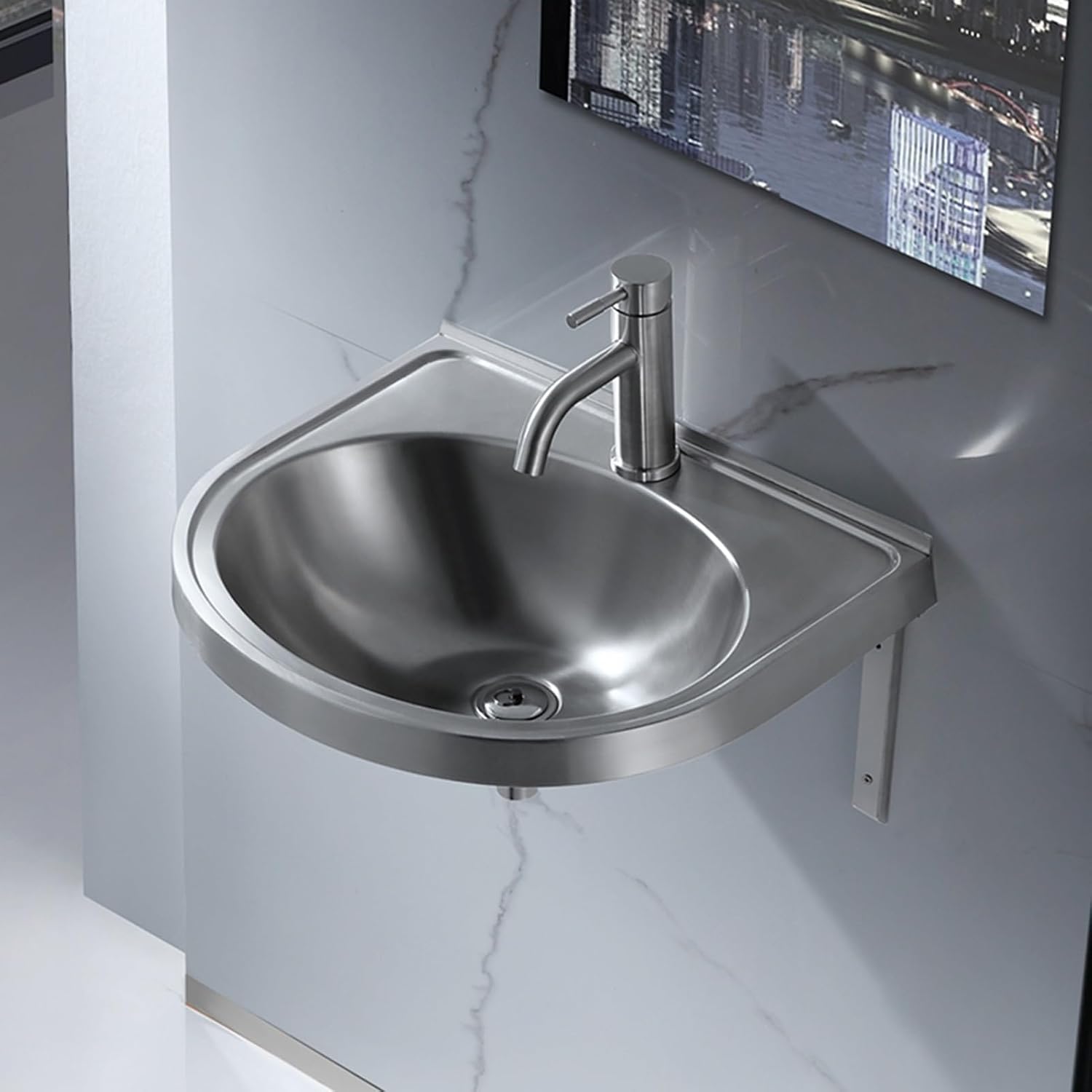Wall Mounted Commercial Restaurant Sink, Stainless Steel Hand Basin with Faucet and Drain, Single Bowl Kitchen Sinks, for Commercial Restaurant Home Kitchen Workshop,Hot and cold water faucet-1