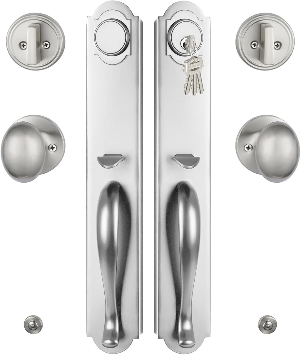 Double Door Handle Set for Front Door, Brushed Nickel Keyed&Dummy Exterior Door Lockset with Deadbolt, Reversible for Right&Left Handed