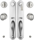 Double Door Handle Set for Front Door, Brushed Nickel Keyed&Dummy Exterior Door Lockset with Deadbolt, Reversible for Right&Left Handed