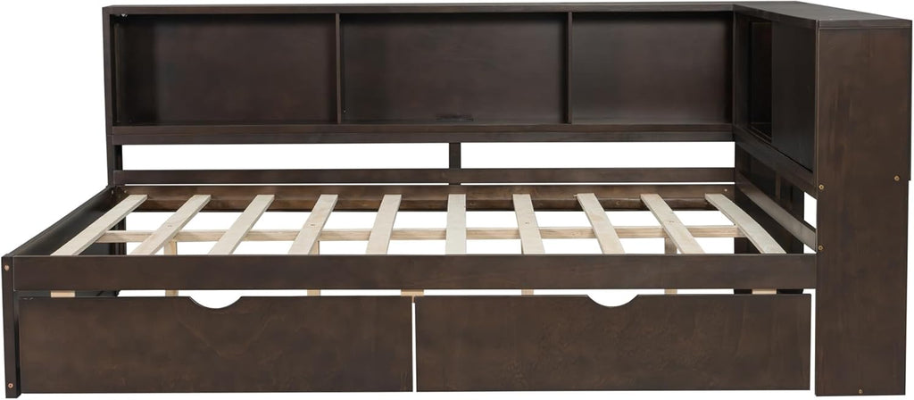 Merax Queen Size Daybed Frame with 2 Drawers and Storage Shelves for Kids, Teens or Adults, Wooden Corner Bed Sofa Bed with USB Ports and LED for Living Room or Bedroom, No Box Spring Needed, Brown