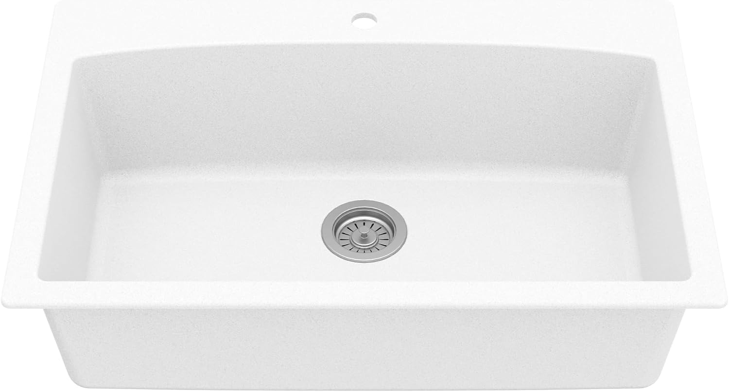 Karran QT-712 33 Inch Drop-In Quartz Composite Single Bowl Kitchen Sink, Top Mount, 1-Hole, Heat & Scratch Resistant, Easy Clean, White