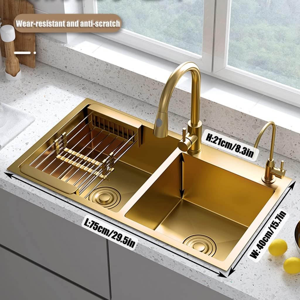 Generic Gold Double Bowl Kitchen Sink 29.5×15.7inch Stainless Steel Bar Laundry Trough with Sink Accessories Top Mount & Undermount (Color : Gold, Size : 75x40x22cm)