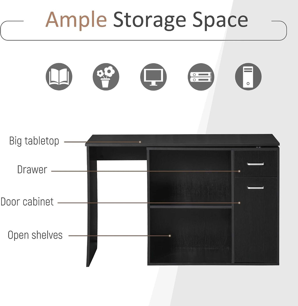HOMCOM L Shaped Computer Desk, 180° Rotating Corner Desk with Storage Shelves, Drawer and Cabinet, Study Workstation for Home Office, 47.25'x19.75'x 53.75', Black