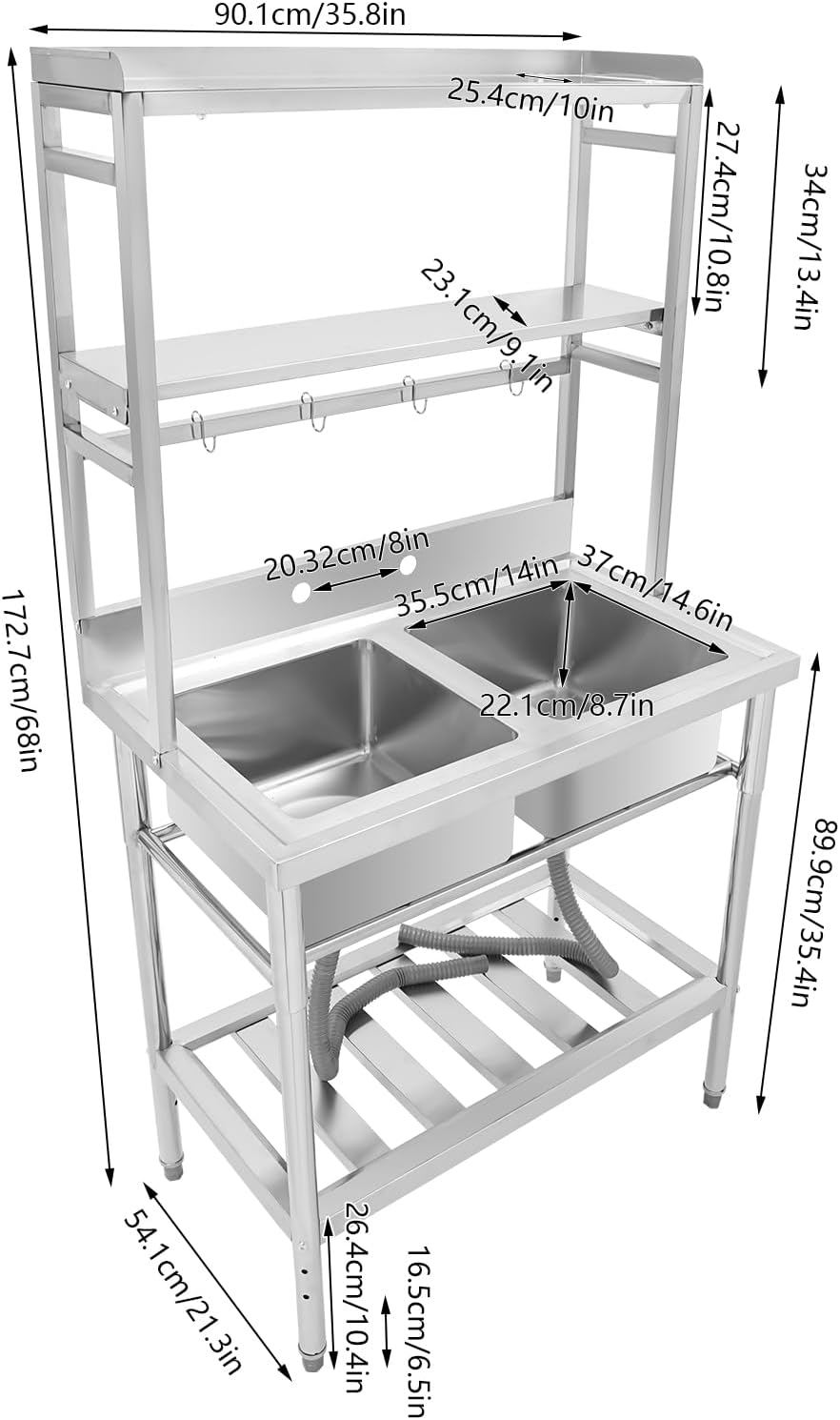Double Stainless Steel Sink with Bracket,2 Compartment Commercial Stainless Steel Utility Sink Free Standing Sink Kitchen Sink with 2 Drains, 35x21x68' (2 Bowl with Bracket)