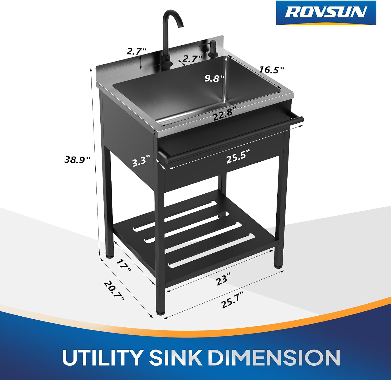 ROVSUN Black Electroplated Stainless Steel Utility Sink with Towel Rack and Storage Shelf, 20.7'D x 25.7'W x 38.9'H Freestanding Laundry & Prep Sink for Home, Restaurant, Garage, and Outdoor Use