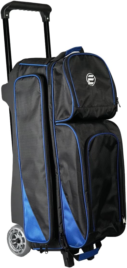 ELITE Deluxe 3 Ball Roller Bowling Bag with 5' Smooth Wheels - 4 Large Accessory Pockets, Shoe Compartment, Extendable Handle - USB Charging Port