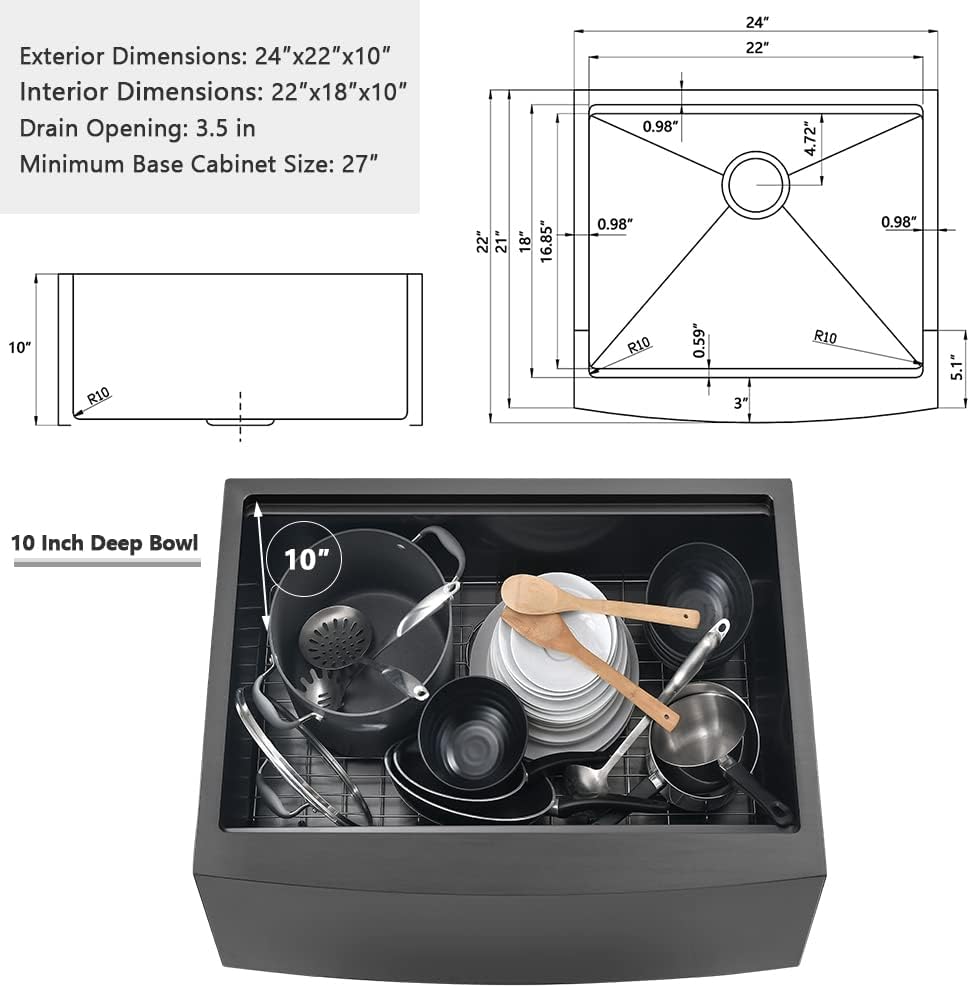 24 Inch Black Farmhouse Sink Workstation-VASOYO 24x22 Apron Front Farmhouse Kitchen Sinks Black Stainless Steel 16 Gauge Deep Single Bowl Farm Sink Undermount with Cutting Board