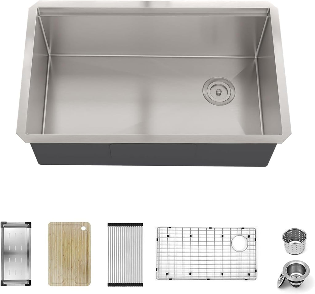 Sinber KSS0002S-OJ 30' x 19' x 10' Undermount Single Bowl Workstation Kitchen Sink with 16 Gauge 304 Stainless Steel Satin Finish 6 Accessories