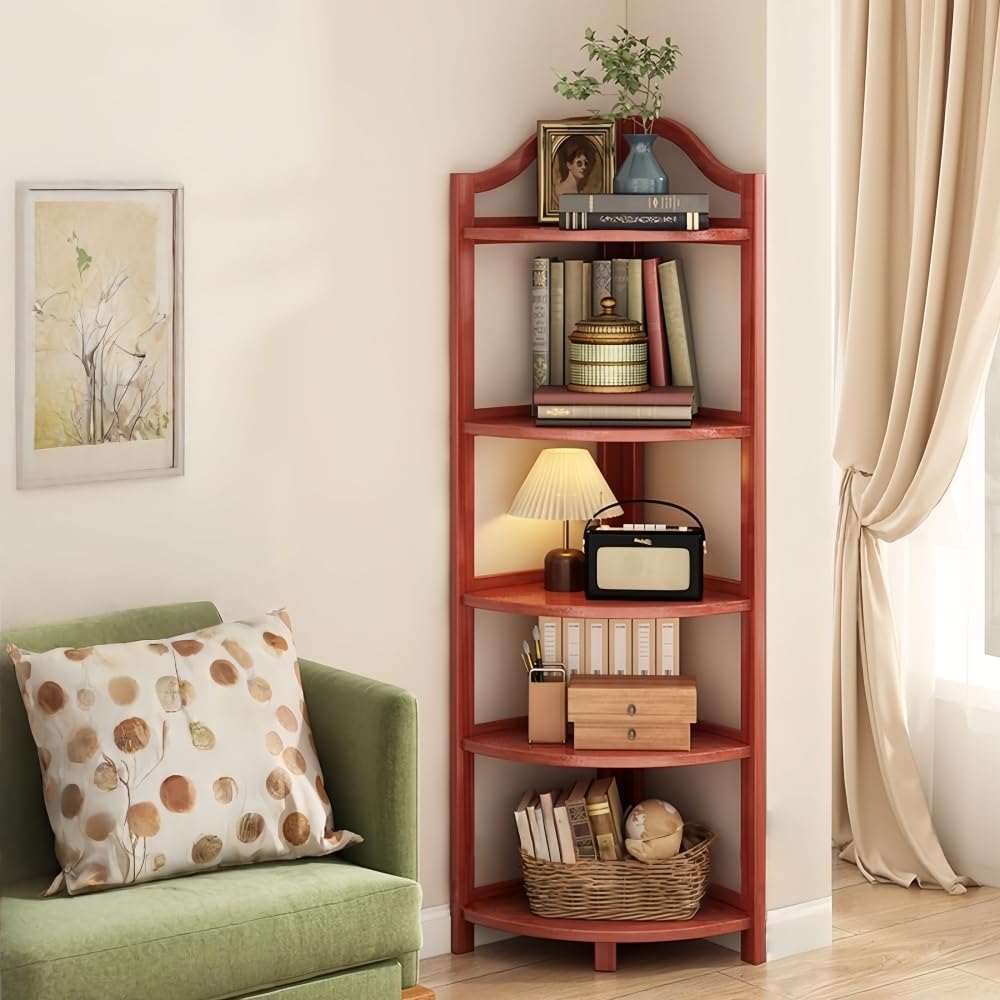 Wooden Corner Bookshelf, 3/4/5/6 Tier Tall Narrow Bookcase, Modern Corner Shelf Stand for Living Room, Bedroom, Office(Red,5th Floor: 130cm)