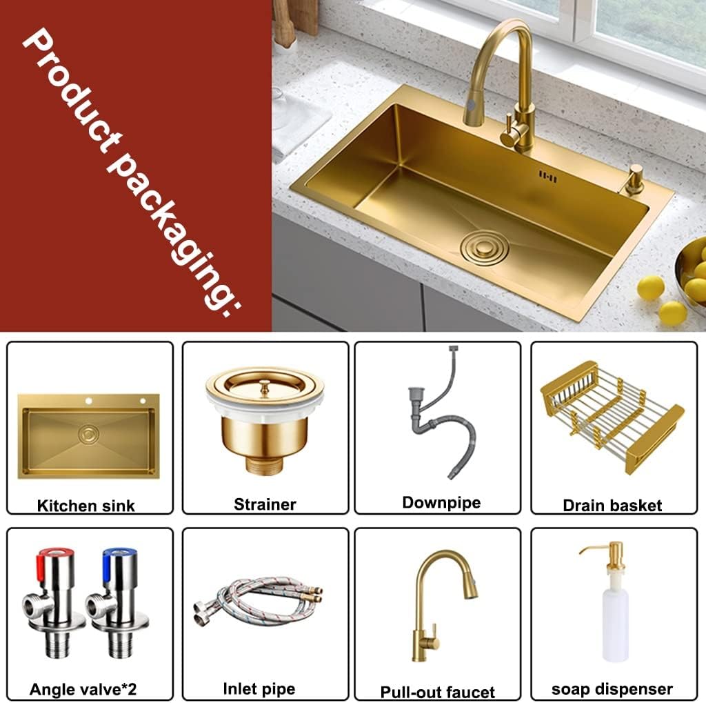 Kitchen Sink 304 Stainless Steel RV Sink Single Bowl Bar Preparation with Pull-Out Faucet and Installation Kit Drop-in Or Undermount (Color : Gold, Size : 72x45x21cm) (Gold 72x45x21cm)