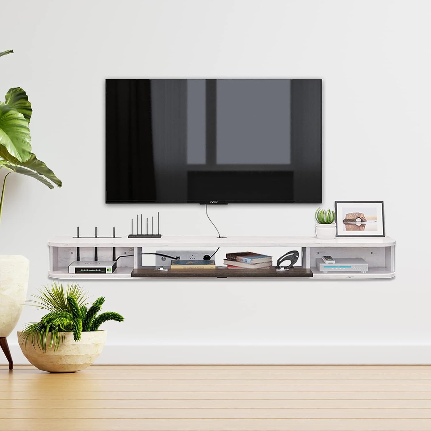 Pmnianhua Floating TV Console,63'' Wall-Mounted Media Console TV Cabinet Floating TV Stand Entertainment Shelf with Door and Storage (Grey White)
