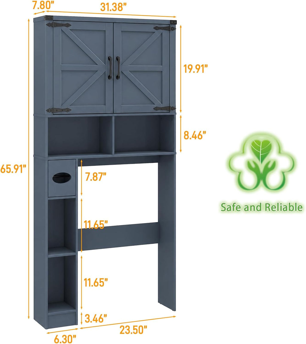 Vabches Over The Toilet Storage Cabinet, Farmhouse Storage Cabinet Over Toilet with 2 Barn Doors & Toilet Paper Holder Stand，Home Space-Saving Toilet Rack, for Laundry, Restroom, Bathroom.Blue