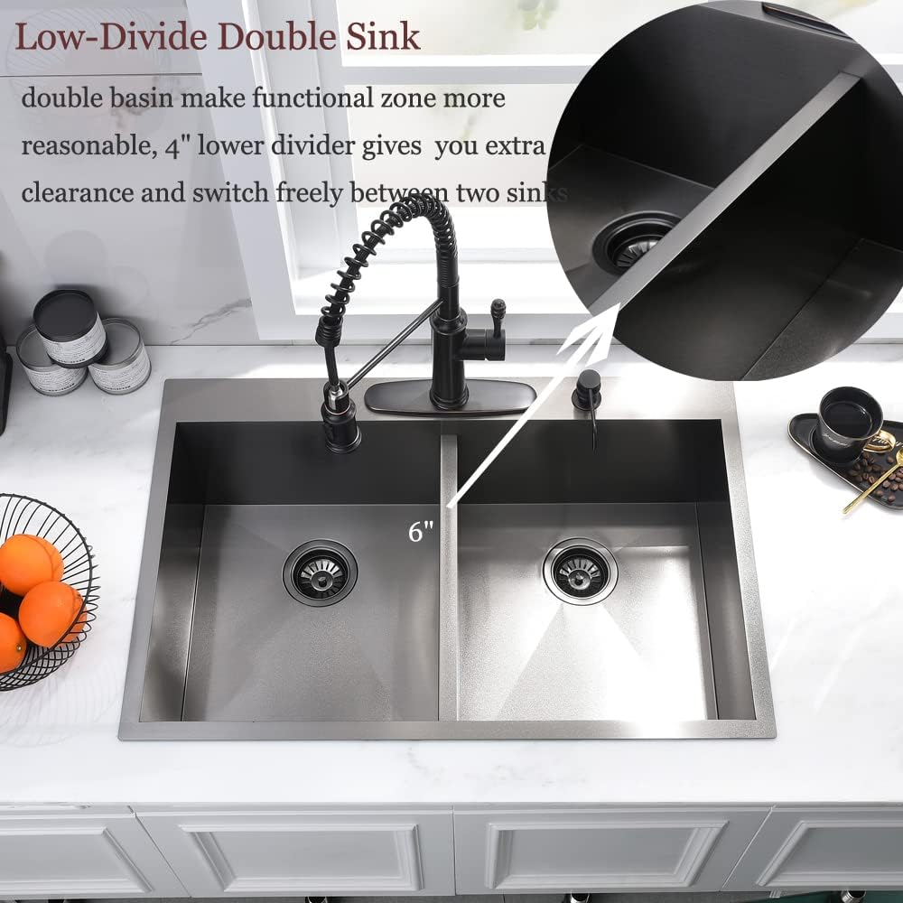 33 Inch Black Double Bowl Drop In Kitchen Sink-Bokaiya 33x22 Drop In Kitchen Sink 50/50 Double Bowl 16 Gauge Deep Low Divided Stainless Steel Basin with Roll Up Rack