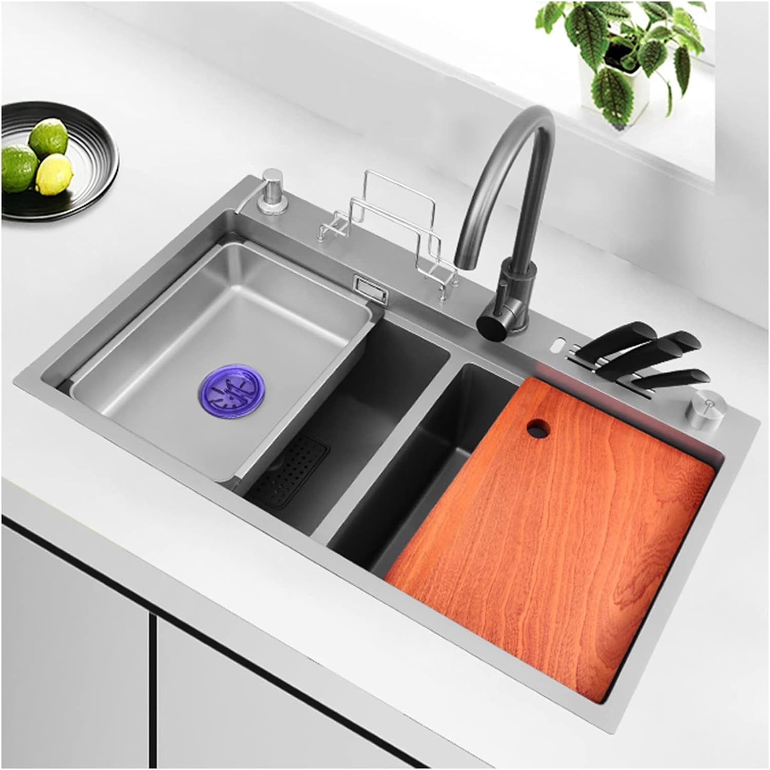 Home Décor Sink Double Bowl Kitchen Sink Rv Sink with Large Bend Faucet and Drain Assembly Drop in or Undermount (78 * 46 * 24Cm