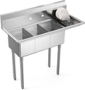 ROVSUN Commercial Sink, Stainless Steel with 3 Compartment and Right Side Drainboard, 43.9' x 20' x 43.3' Freestanding Kitchen Utility Sink, Bowl Size 10' x 14' x 10', Silver