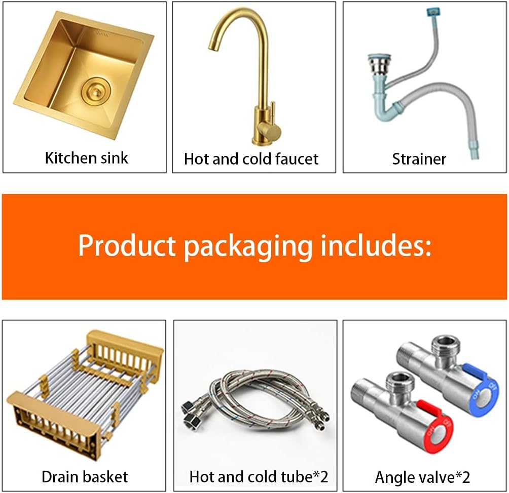 Kitchen Sink Single Bowl Bar Counter Preparation Gold 304 Stainless Steel with Faucet and Drain Pipe Drop-in Or Undermount (Color : Gold, Size : 38×38cm) (Gold 36×36cm)
