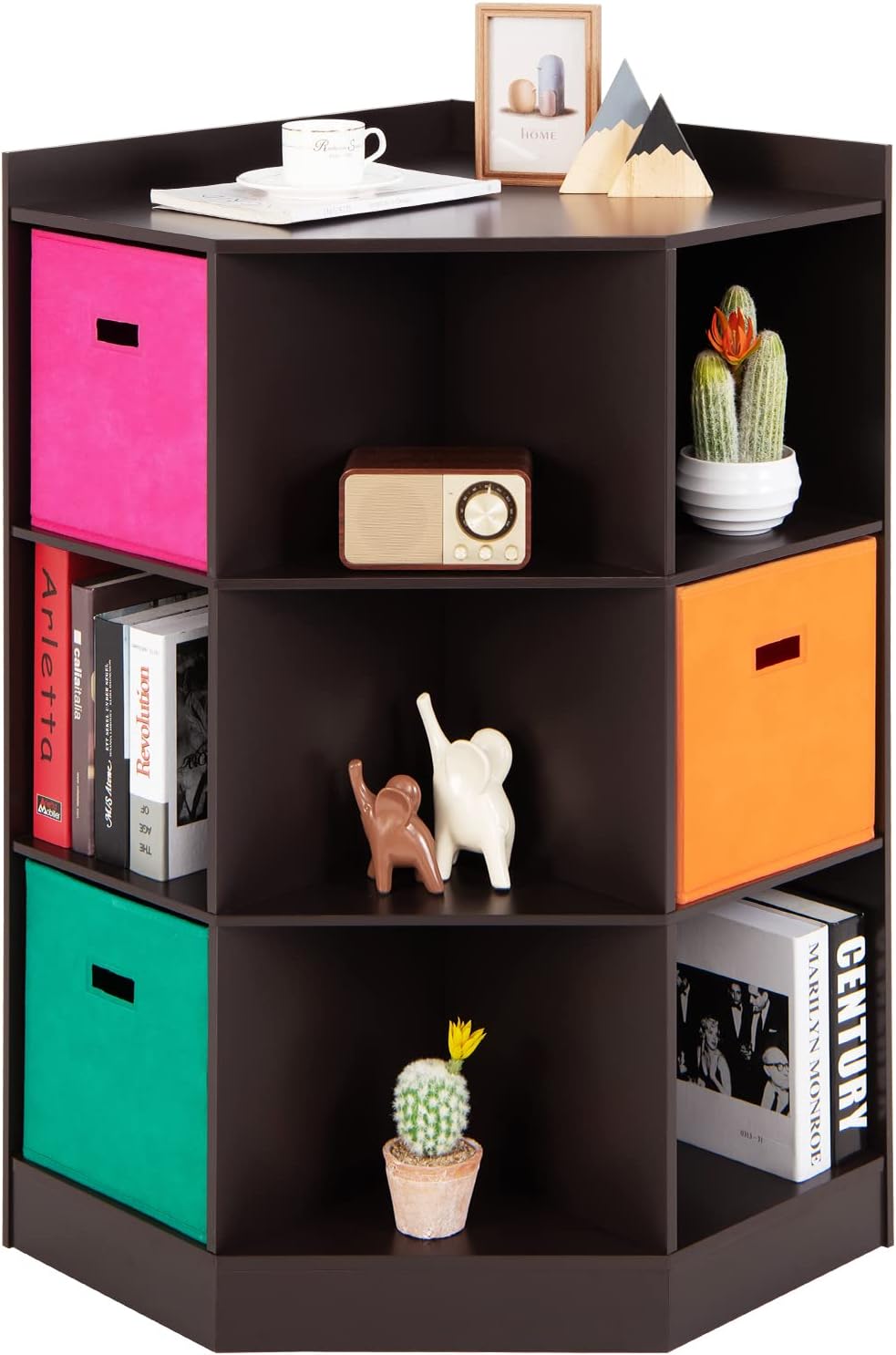 Costzon 9-Cubby Kids Bookcase with Large Storage Bins, Children's Corner Cabinet with 6 Cubes and 3 Shelves, Wooden Toy Organizers and Storage Book Shelves for Playroom Kids Room Nursery (Espresso)