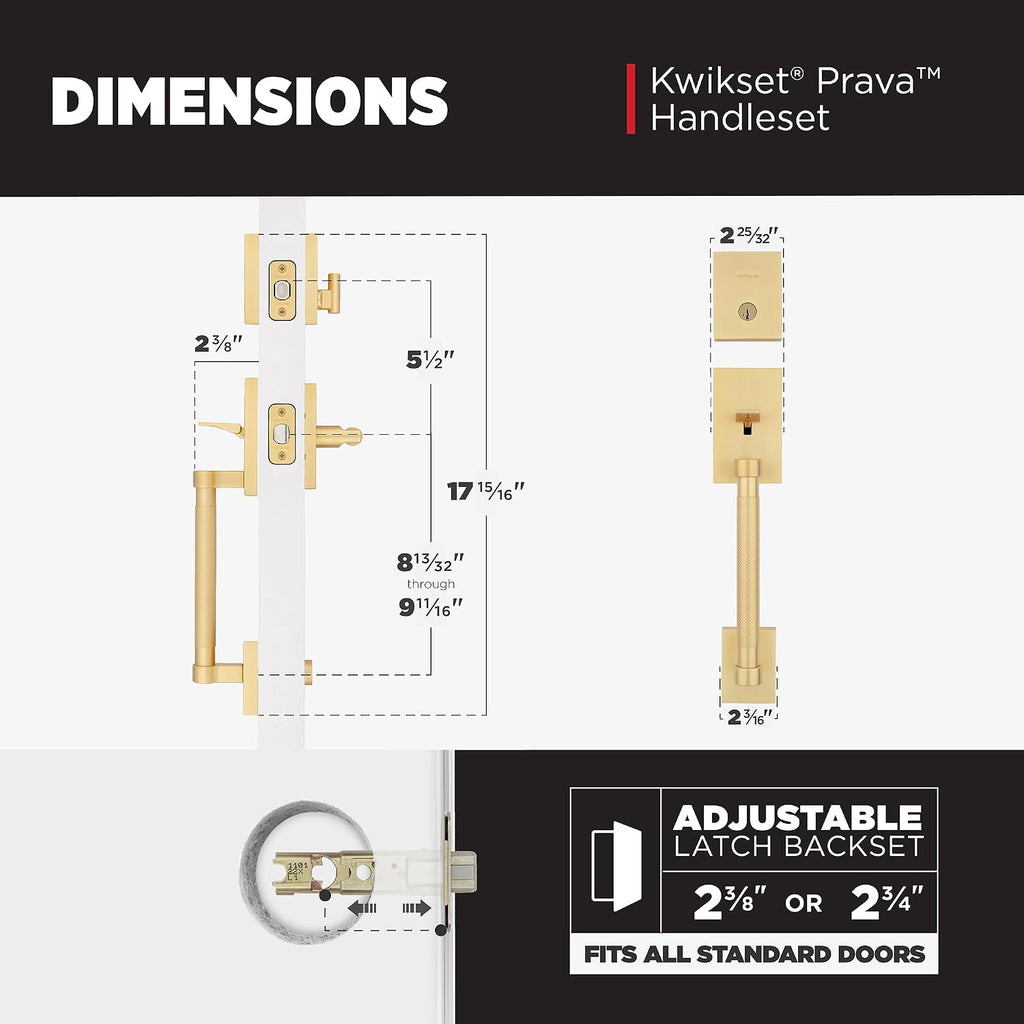 Kwikset Prava Front Door Lock Handle and Deadbolt Set, Entry Door Handleset Exterior with Interior Reversible Lever, Satin Brass, Pick Resistant SmartKey Rekey Deadbolt Security