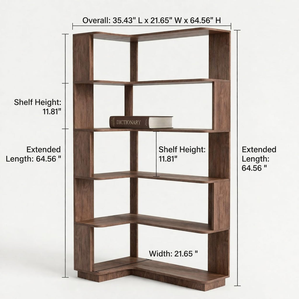 6 Tier Corner Bookshelf, Freestanding L-Shaped Wooden Bookcase with Open Shelves, Anti-Fall Panels and Anti-Tipping Device for Living Room, Home Office (Dark Brown with Right Extension)