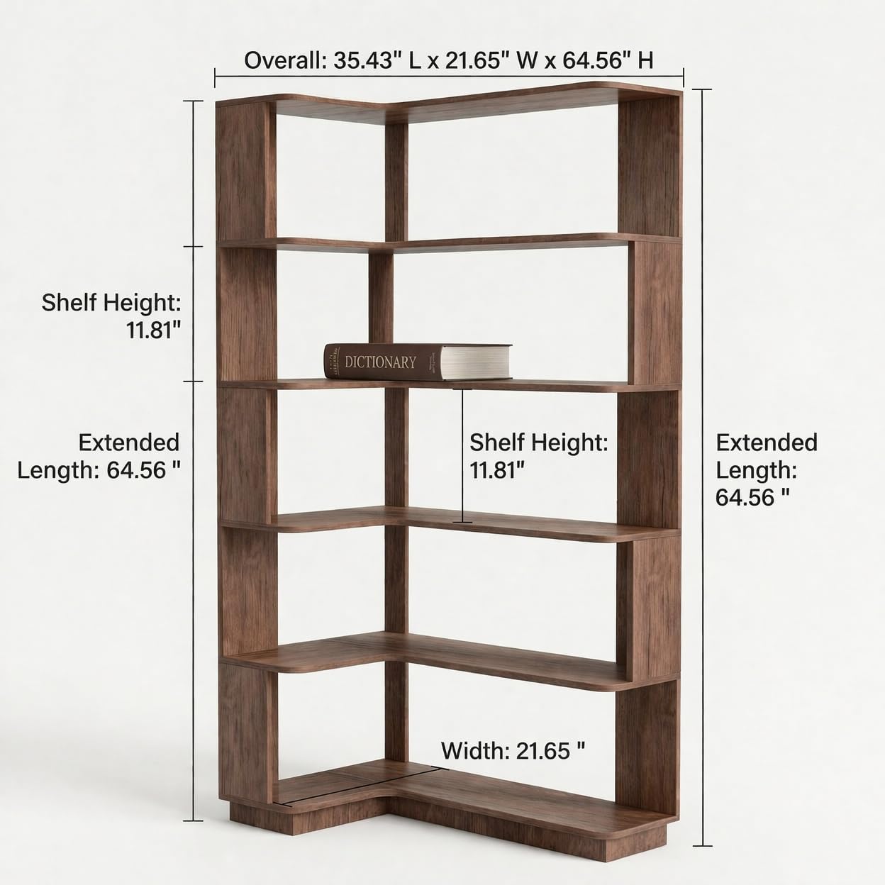 6 Tier Corner Bookshelf, Freestanding L-Shaped Wooden Bookcase with Open Shelves, Anti-Fall Panels and Anti-Tipping Device for Living Room, Home Office (Dark Brown with Right Extension)