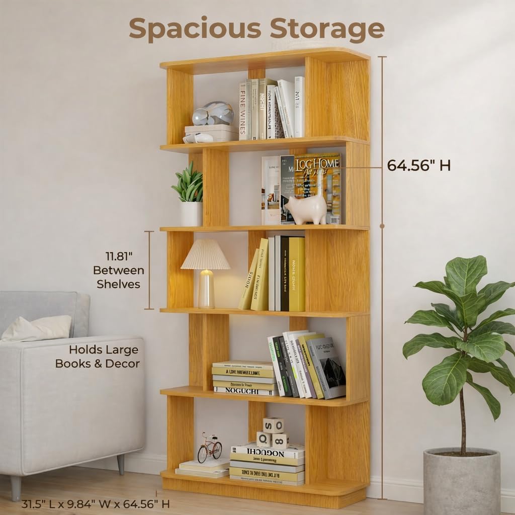 5-Tier Tall Bookshelf, Narrow Wood Bookcase, Dark Oak | 64.56' freestanding open display shelf for books, décor, and storage in living rooms, bedrooms, or home offices