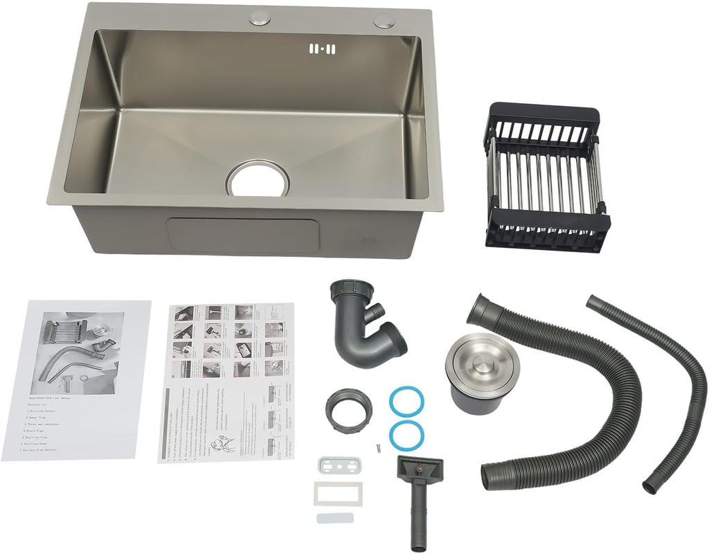 Single Bowl Kitchen Sink Built-in Stainless Steel Sink Thickened One-Piece Stretch Sink with Drain Basket Large-Diameter Drain Ideal for Bathroom or Kitchen 78 * 43cm