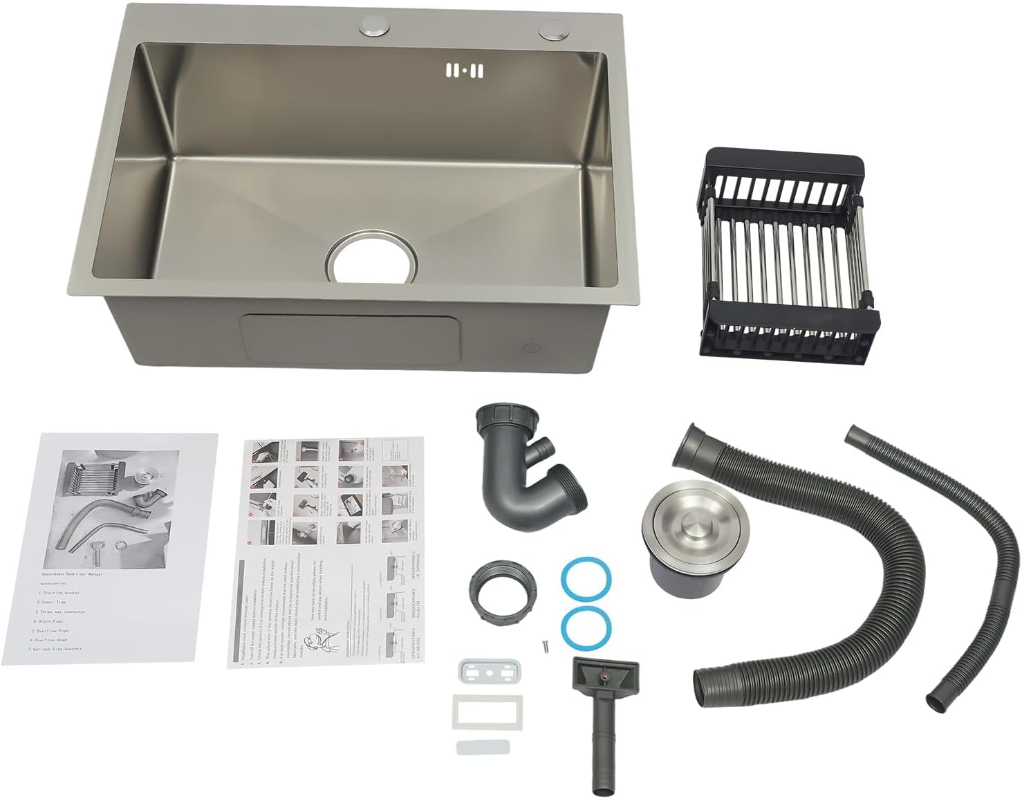 Single Bowl Kitchen Sink Built-in Stainless Steel Sink Thickened One-Piece Stretch Sink with Drain Basket Large-Diameter Drain Ideal for Bathroom or Kitchen 78 * 43cm