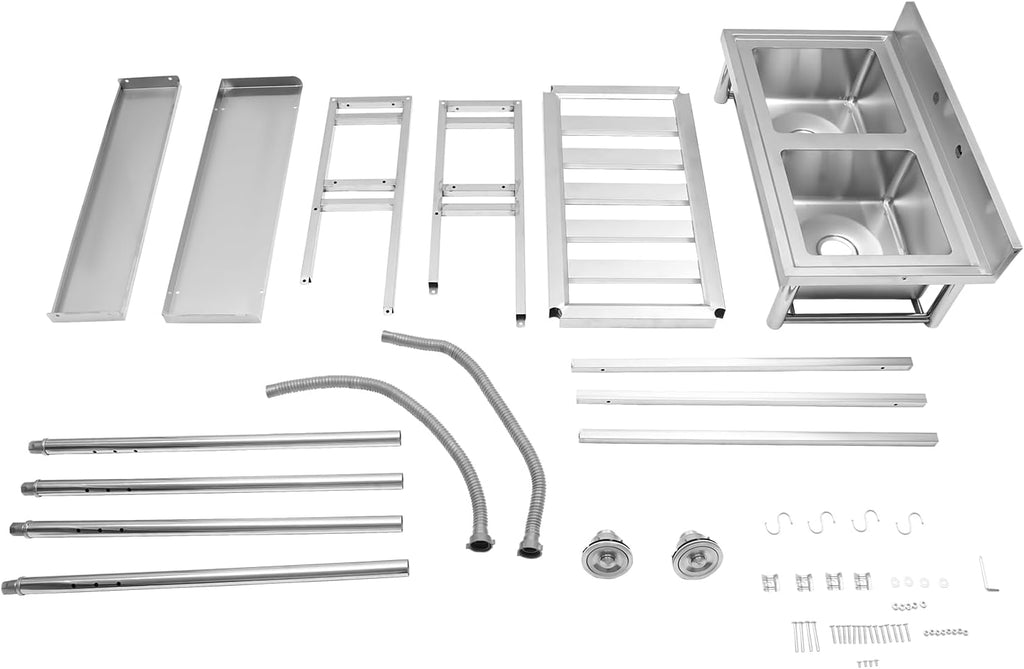 Double Stainless Steel Sink with Bracket,2 Compartment Commercial Stainless Steel Utility Sink Free Standing Sink Kitchen Sink with 2 Drains, 35x21x68' (2 Bowl with Bracket)