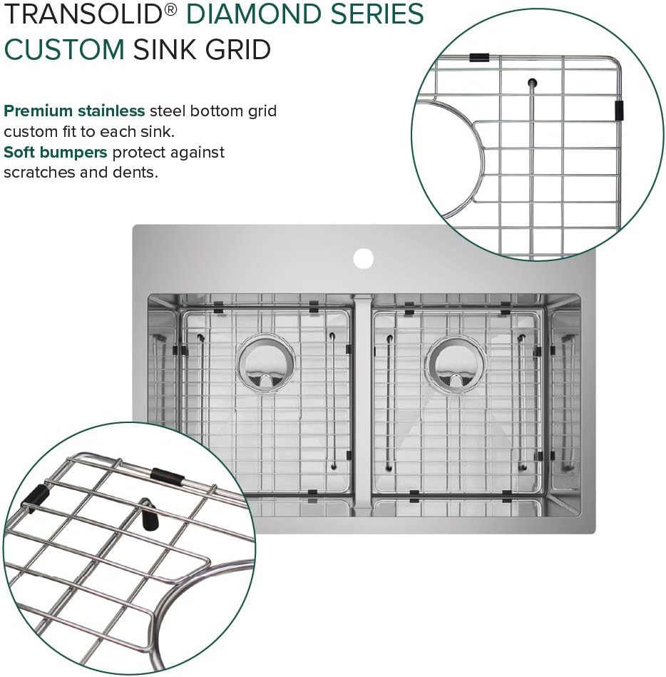 Transolid KKM-DTDE332210-3 Diamond 33-in L x 22-in W Equal Double Bowl Dual-Mount Kitchen Sink and Accessories Kit with 3 Pre-Drilled Holes in Stainless Steel