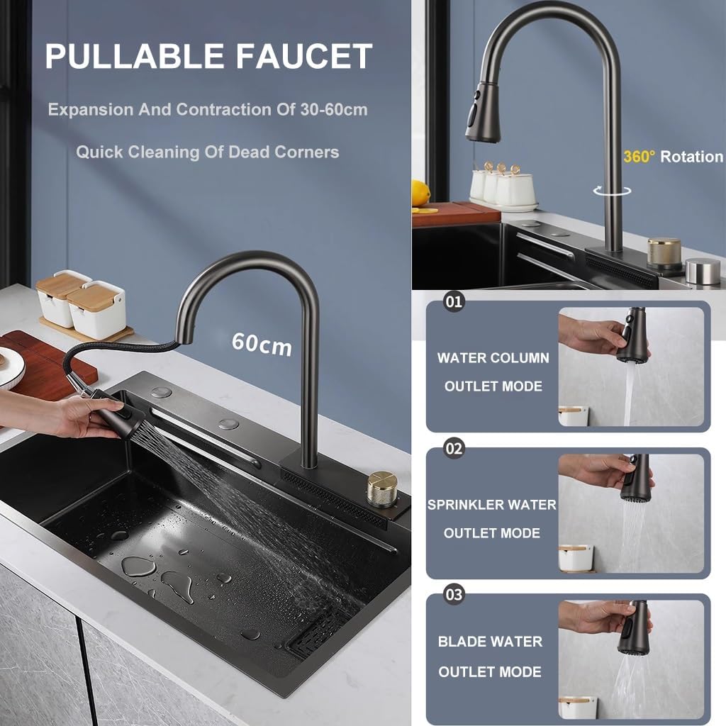 Stainless Steel Single-Bowl Kitchen Sink Multi-functional Waterfall Sink Nano-Coated Workstation Sink with Waterfall Pull-Down Faucet and Complete Accessory Set (Size : 68x45x22cm) ( 80x45x22cm)