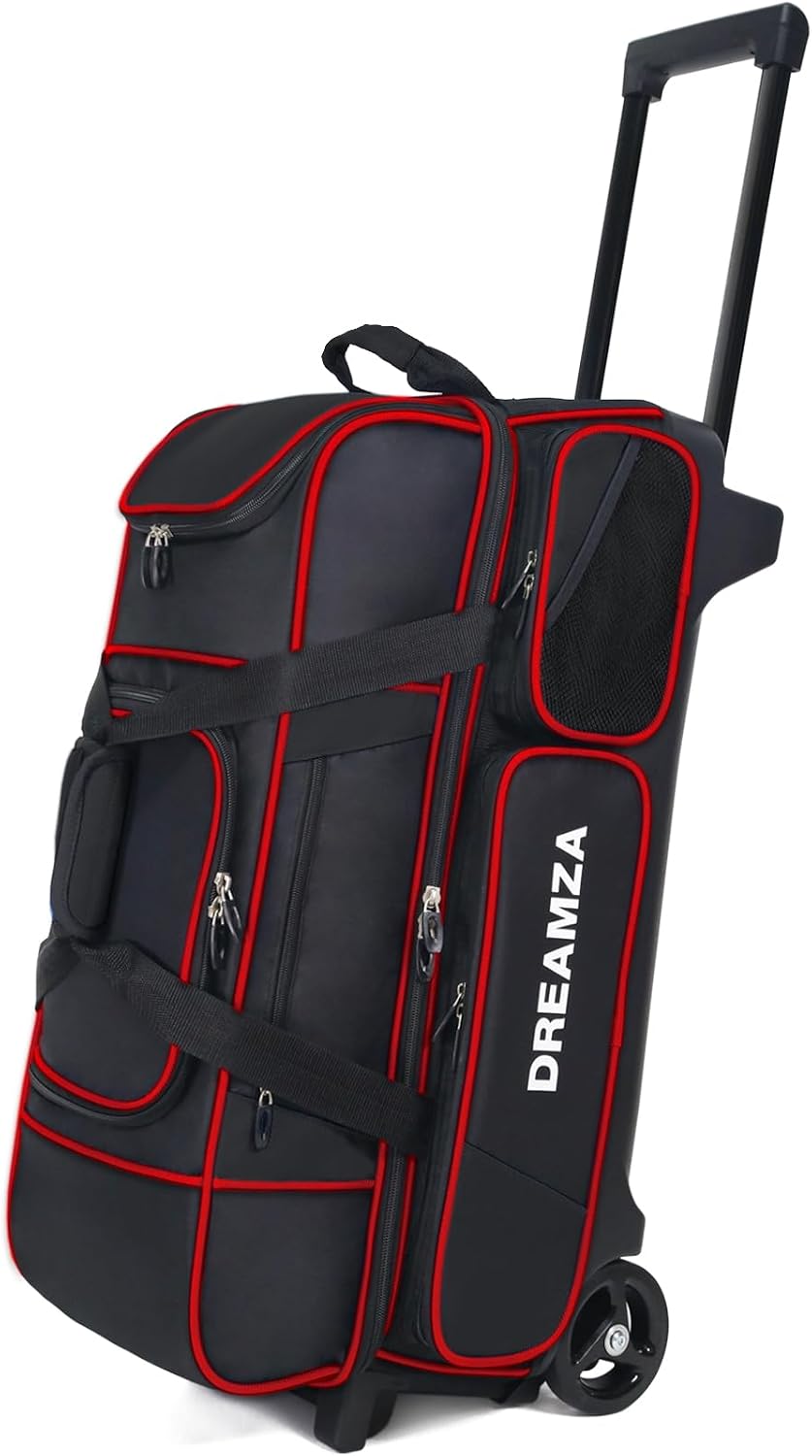 3 Ball Bowling Bags with Wheels & Shoe Pocket, Premium Bowling Ball Bag 3 Ball Roller, Effortless-Rolling 3 Ball Bowling Bag w/Multi-Storage Pockets & Telescopic Handle Extends to 40''
