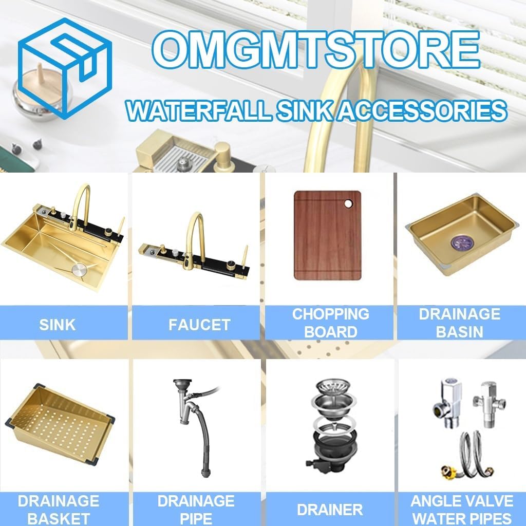 Stainless Steel Kitchen Sink Golden Single Bowl Waterfall Sink Multi-Functional Bar Sink with Integrated Faucet, Drain Basket, Drain Basin, Cup Washer (Color : Gold, Size : 75x45x21cm) (Gold 68x45