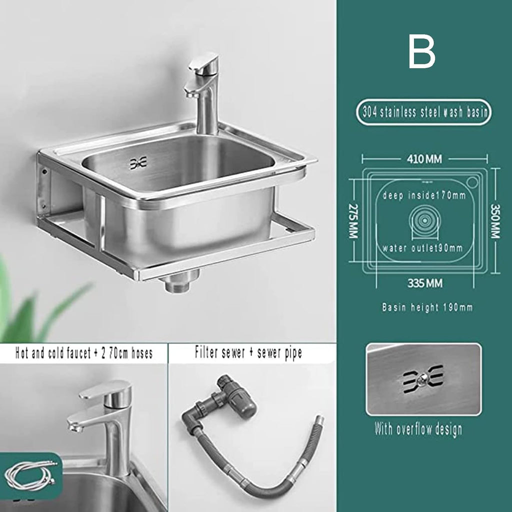 Stainless Steel Sink, Single Bowl Wall-Mounted Washbasin Small Sink for Kitchen Bathroom Lavatory (Color : F, Size : 41x35x19cm) (B 41x35x19cm)