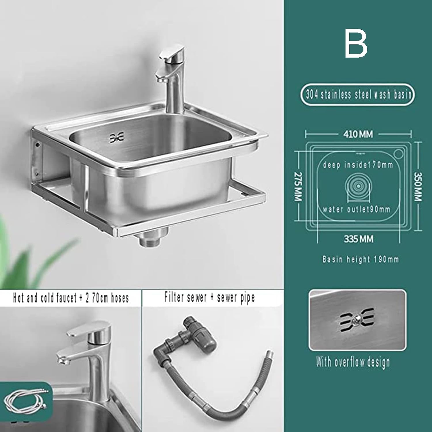 Stainless Steel Sink, Single Bowl Wall-Mounted Washbasin Small Sink for Kitchen Bathroom Lavatory (Color : F, Size : 41x35x19cm) (B 41x35x19cm)