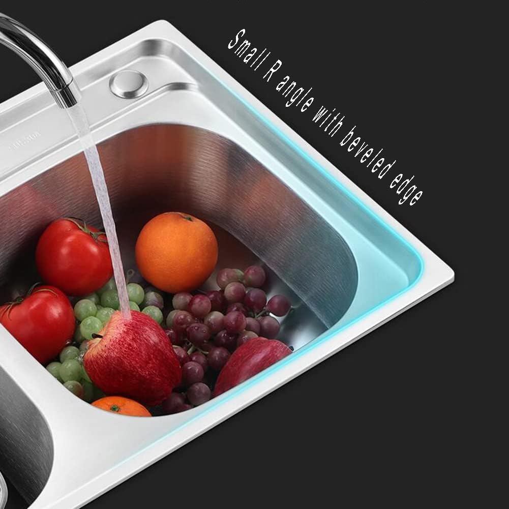 Double Bowl Kitchen Sink 2-Hole Drop-in, 304 Stainless Steel Handmade Bar Prep Sink with Strainer, Top-Mount Workstation Sink (Color : Silver-D, Size : 72x39cm) (SilverC 81x43cm)