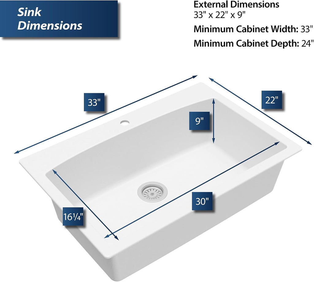 Karran QT-712 33 Inch Drop-In Quartz Composite Single Bowl Kitchen Sink, Top Mount, 1-Hole, Heat & Scratch Resistant, Easy Clean, White