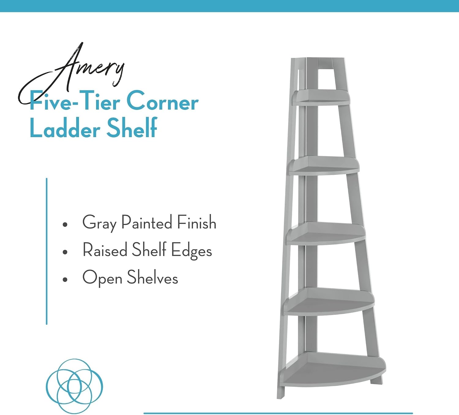 RiverRidge Amery 5-Tier Corner Ladder Shelf - Narrow Corner Shelf Maximizes Storage & Display in Small Spaces - Gray Open Shelving Design for Bathroom, Living Room, Office