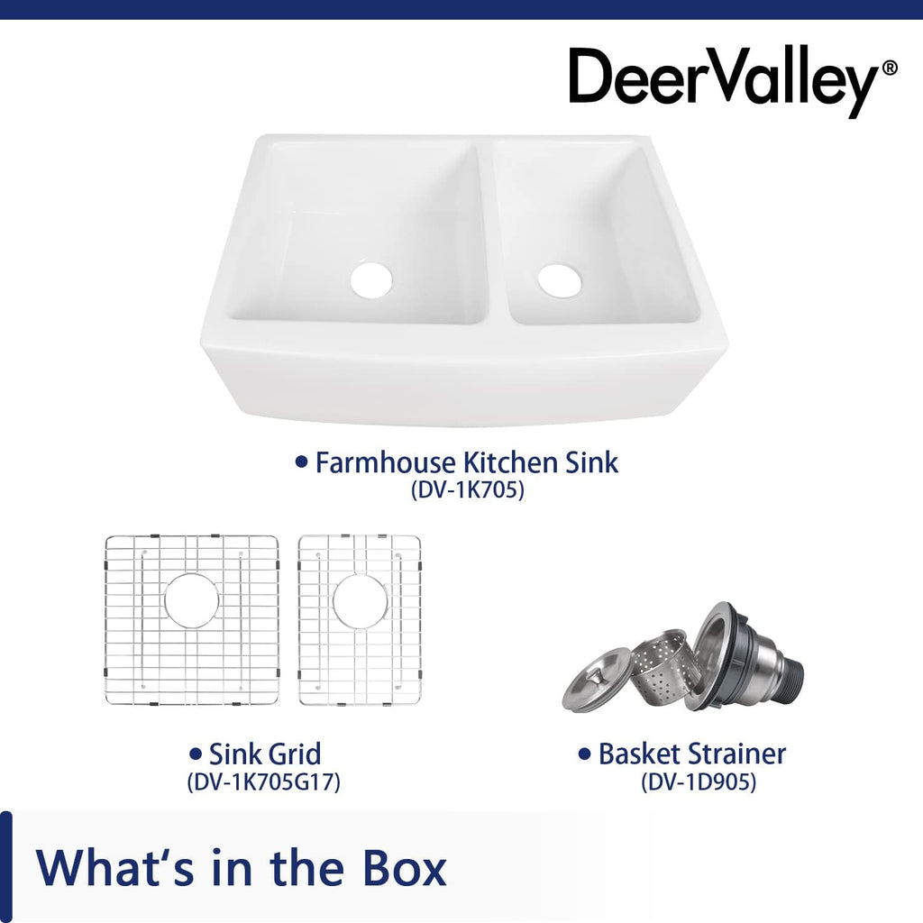 DeerValley Double Bowl White Kichen Sink 33 inch, Ceramic Apron Front Farmhouse Sink, Deep Drop-in Fireclay Undermount Large Sinks with Grid & Strainer