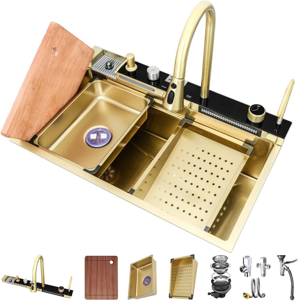 Stainless Steel Kitchen Sink Golden Single Bowl Waterfall Sink Multi-Functional Bar Sink with Integrated Faucet, Drain Basket, Drain Basin, Cup Washer (Color : Gold, Size : 75x45x21cm) (Gold 68x45
