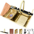 Stainless Steel Kitchen Sink Golden Single Bowl Waterfall Sink Multi-Functional Bar Sink with Integrated Faucet, Drain Basket, Drain Basin, Cup Washer (Color : Gold, Size : 75x45x21cm) (Gold 68x45