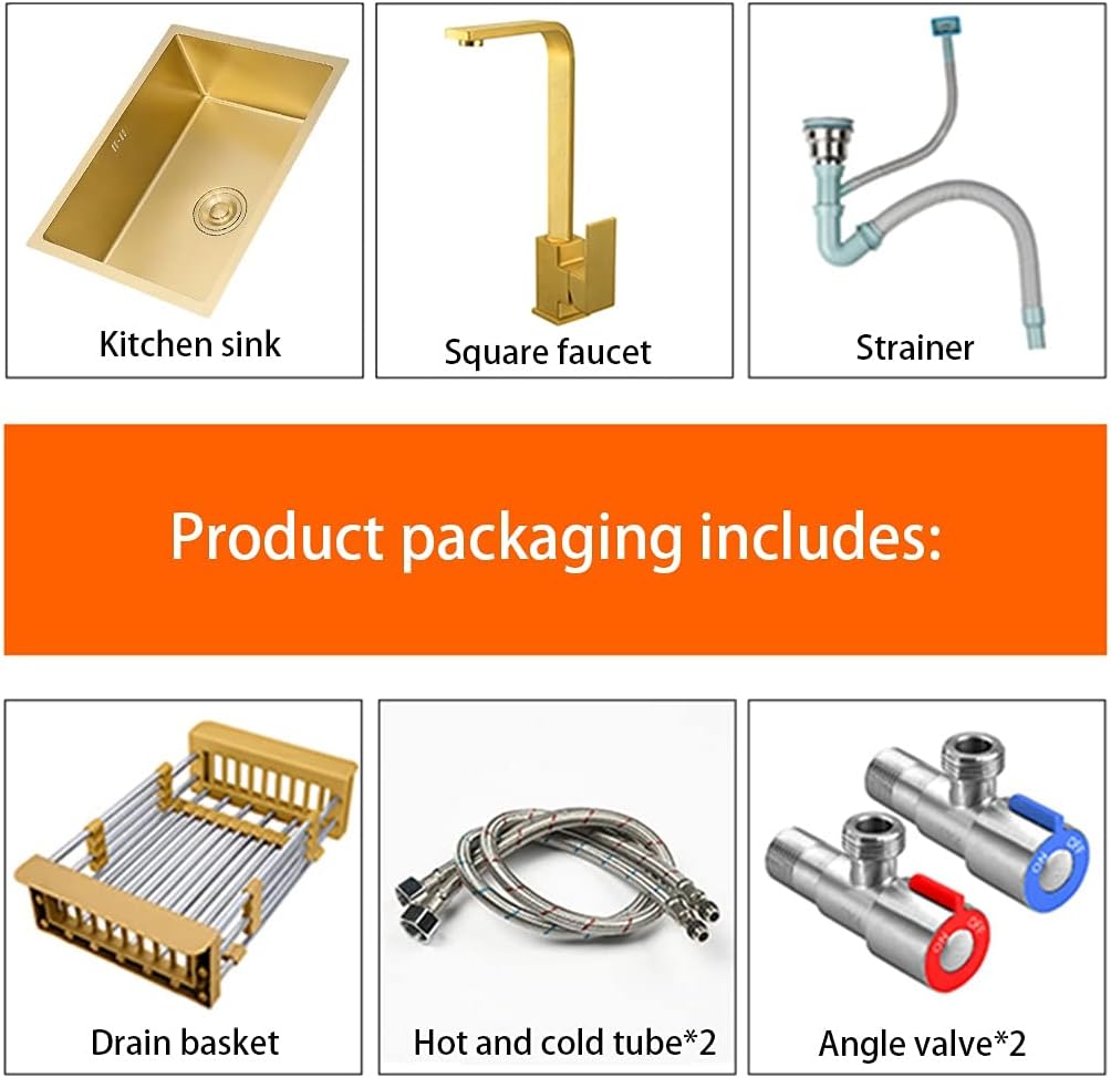 Kitchen Sink 15' Drop-in Or Undermount Single Bowl Bar Sink with with Square Faucet and Installation Kit Telescopic Drain Basket (Color : Gold, Size : 38×26×21.5cm) (Gold 38×26×21.5cm)