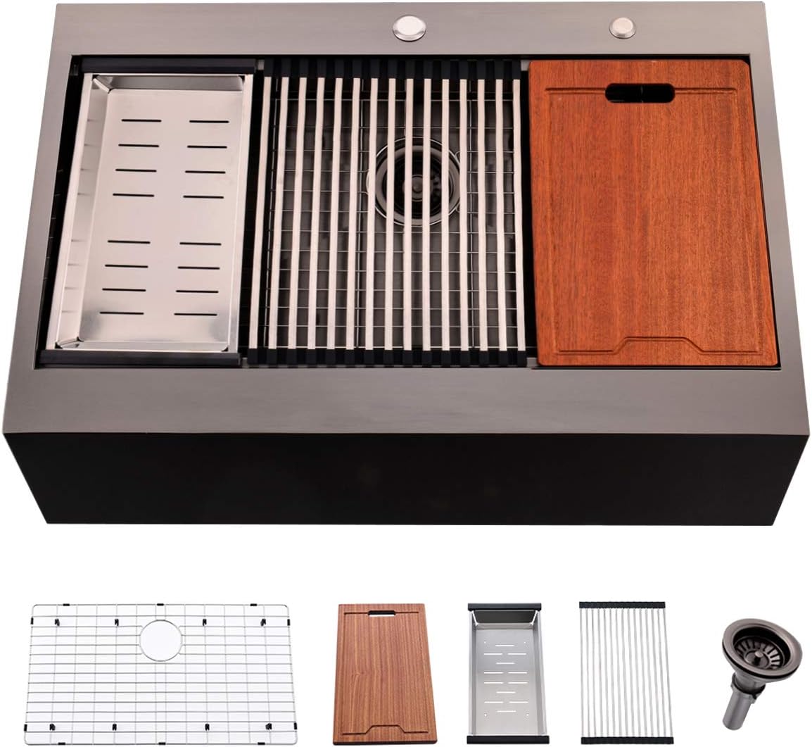30 Inch Black Farmhouse Kitchen Sink Drop In - 30 inch Apron Front Farmhouse Sink Workstation Kitchen Sink Single Bowl 16 Gauge Stainless Steel Farm Sink