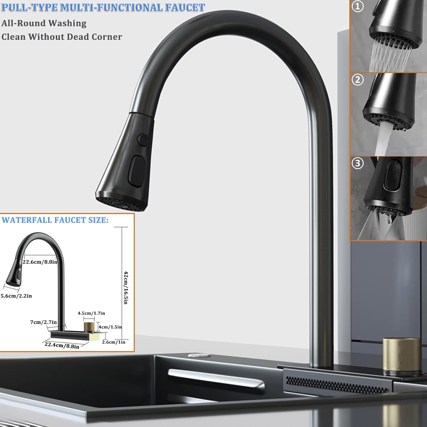 304 Stainless Steel Single-Bowl Kitchen Sink Black Nano Waterfall Bar Sink Multi-Function Household Rv Sink with Faucet and Drainage Components Top Mount Or(Black-68x46x23.5cm