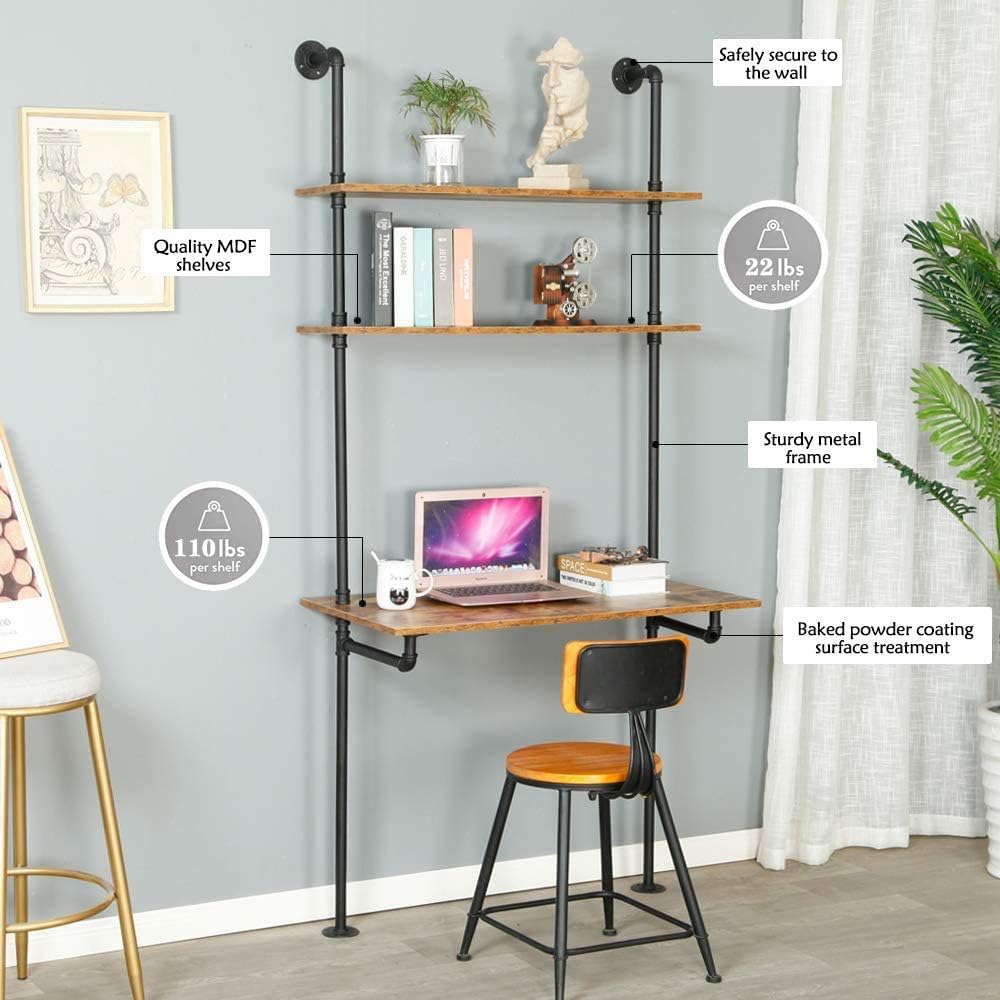 ZIOTHUM Wall Mounted Desk with Shelves, Industrial Ladder Style Floating Desk for Small Spaces, Computer Table with Storage Shelves, Rustic Pipe Bookcase for Bedroom(36x20x81in)