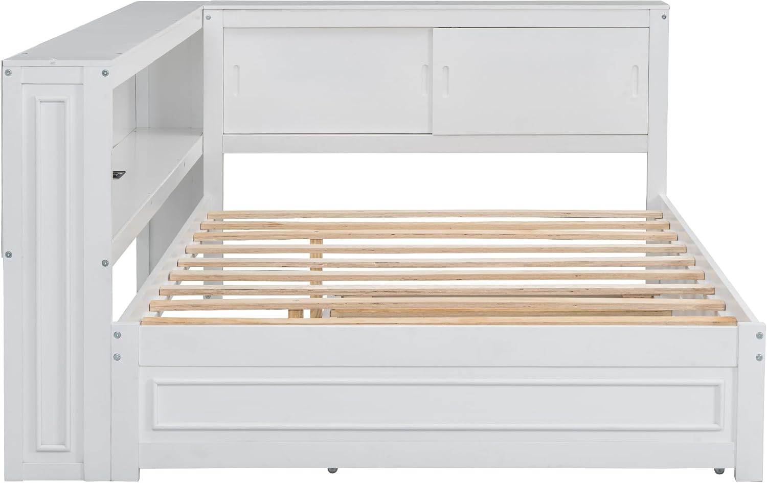 Merax Full Size Wood Daybed with Twin Trundle, L Shaped Wooden Corner Bed Frame with Storage Shelves, USB, Built-in Charging Station, No Box Spring Needed