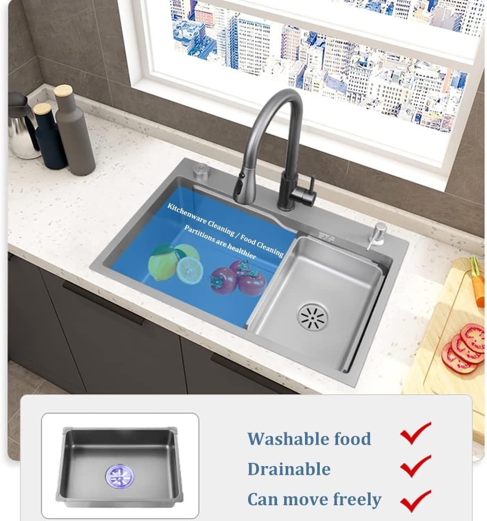 Home Décor Bar Sink Stainless Steel Single Bowl Kitchen Sink Drop-in or Undermount with Big Bend Faucet and Installation Kit Suitable (68 * 45 * 21Cm