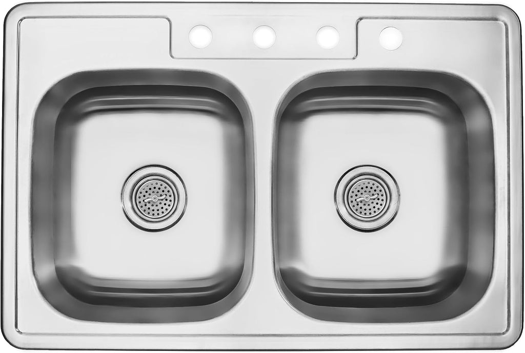 Kitchen Sink Stainless Steel Drop in Top Mount 33' x 22', 4 Hole (33 inch Drop-in Topmount 50/50 Double Bowl with Strainers)